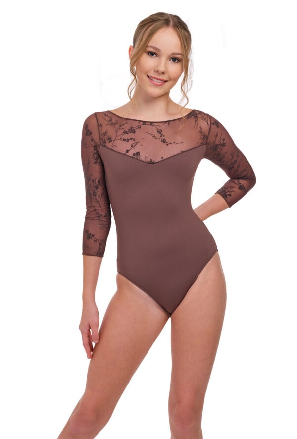31718-Gina-Mink-front Gina - 3/4 Sleeve Flocked Tulle Boat Neck Leotard
