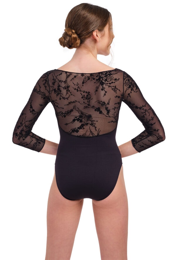 31718-Gina-black-back Gina - 3/4 Sleeve Flocked Tulle Boat Neck Leotard