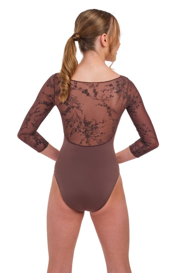 31718-Gina-mink-back Gina - 3/4 Sleeve Flocked Tulle Boat Neck Leotard