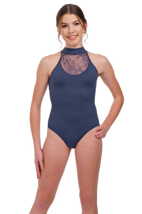 31719-Greta-front-blue Greta - Halter Lace Yoke Leotard