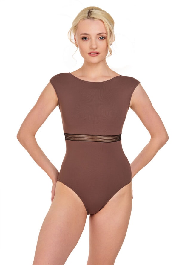 Mosaic Cap Sleeve Leotard - High Neck Leotard with Lace Belt Insert