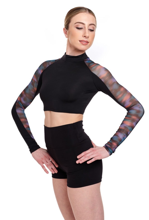 Long Sleeve Crop Top with Blur Print Mesh Panel
