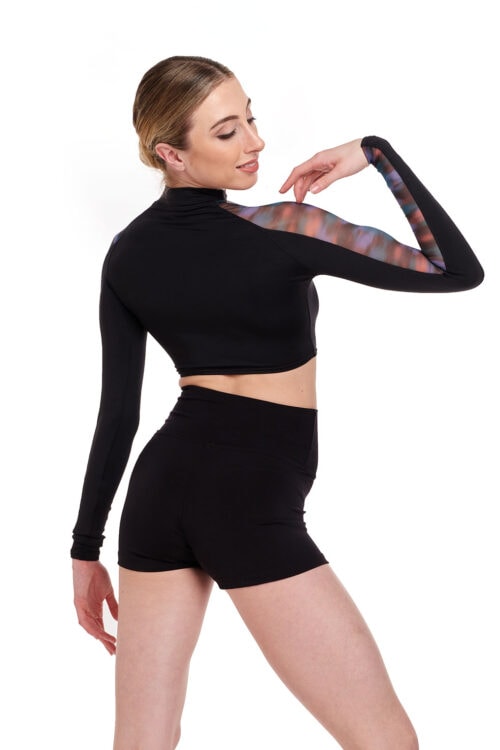 11902W-3 Long Sleeve Crop Top with Blur Print Mesh Panel