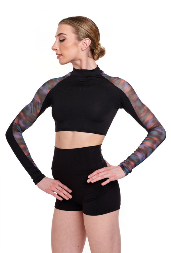 Long Sleeve Crop Top with Blur Print Mesh Panel