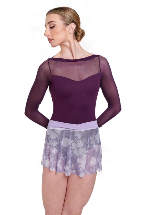 MS162-lilac-front Floral Mesh Pull-on Skirt with Ribbed Waistband