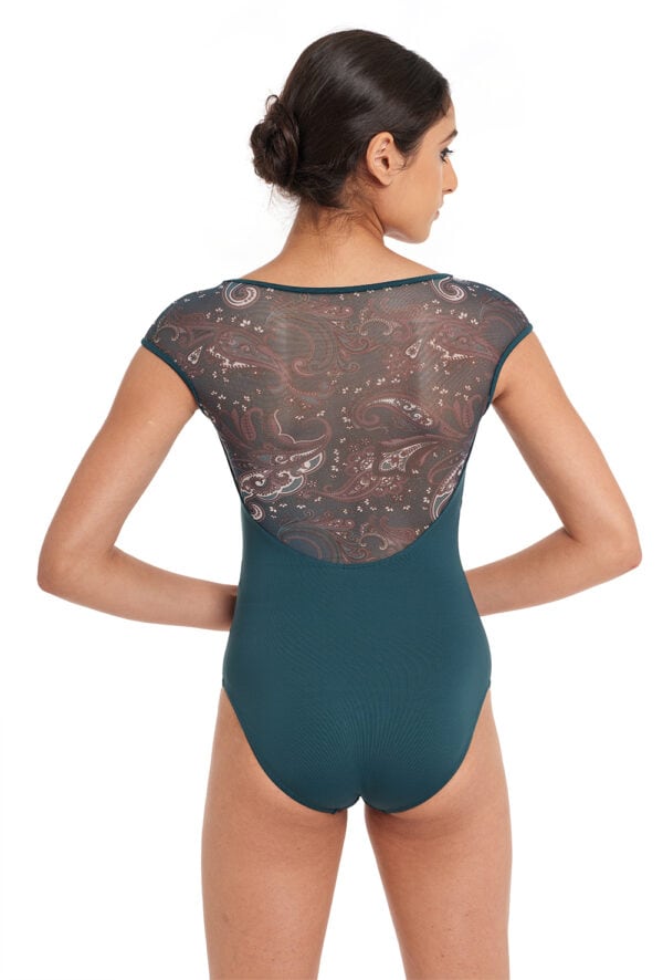 Cap Sleeve Leotard with Paisley Mesh Back