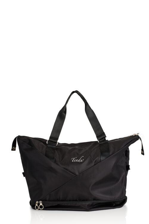 tendu-holdall-blk Roomy and stylish this dance bag by Tendu has a generous bottom compartment to keep wet goods, shoes etc separate from the clean stuff ! It features a sleeve on the back that slots onto the handles of a suitcase for easy transportation