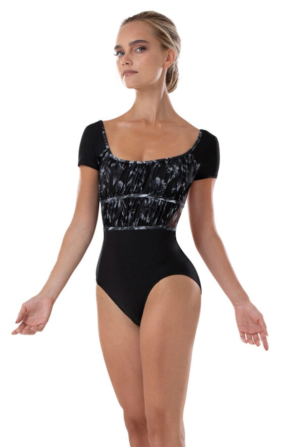 Mia Cap Sleeve Leotard with Ruched Mesh Bust